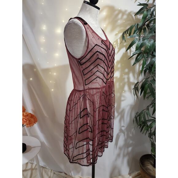Free People Sheer Mesh Beaded Mini Embellished Slip Dress In Plum Size S Flapper - Picture 6 of 15